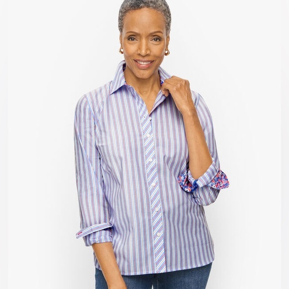 Talbots Tops - Talbots striped button down shirt w/ floral cuff Pink, Blue, White 1X NWT